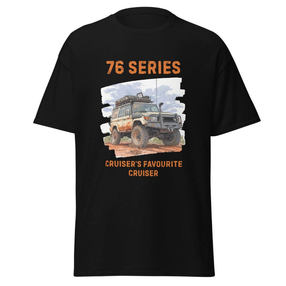 Black t-shirt with a graphic of a truck and text '76 Series, Cruiser's Favourite Cruiser' on a white background