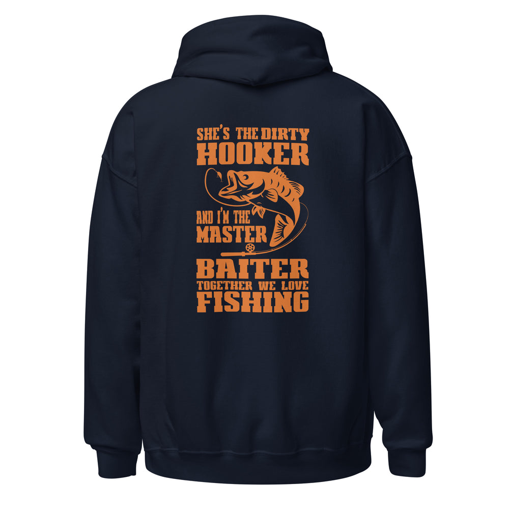 Navy blue hoodie with orange text and fish graphic on the back, on a white background