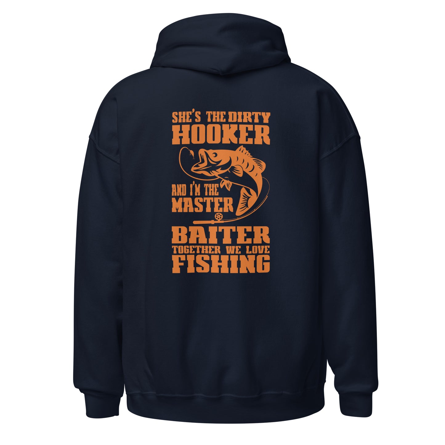 Navy blue hoodie with orange text and fish graphic on the back, on a white background