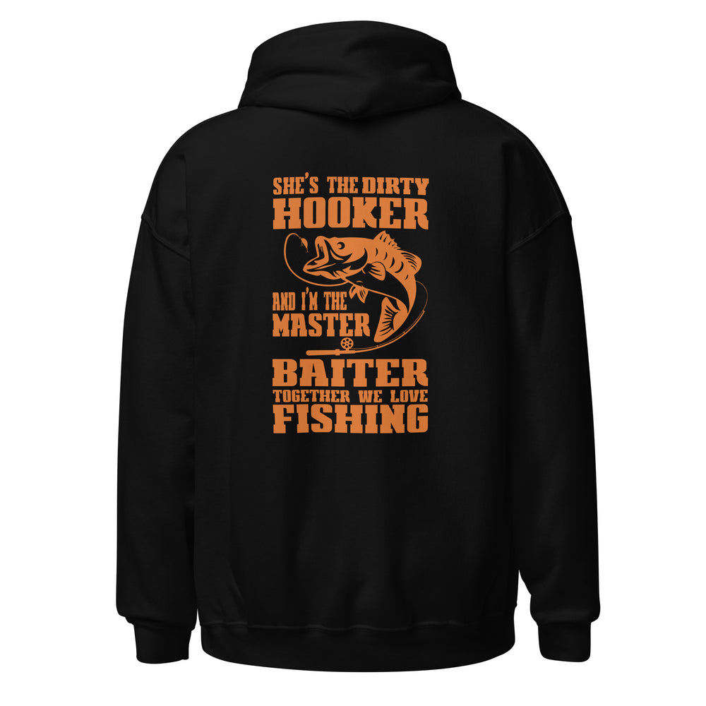 
                  
                    Black hoodie with orange text and fish graphic on the back, on a white background
                  
                