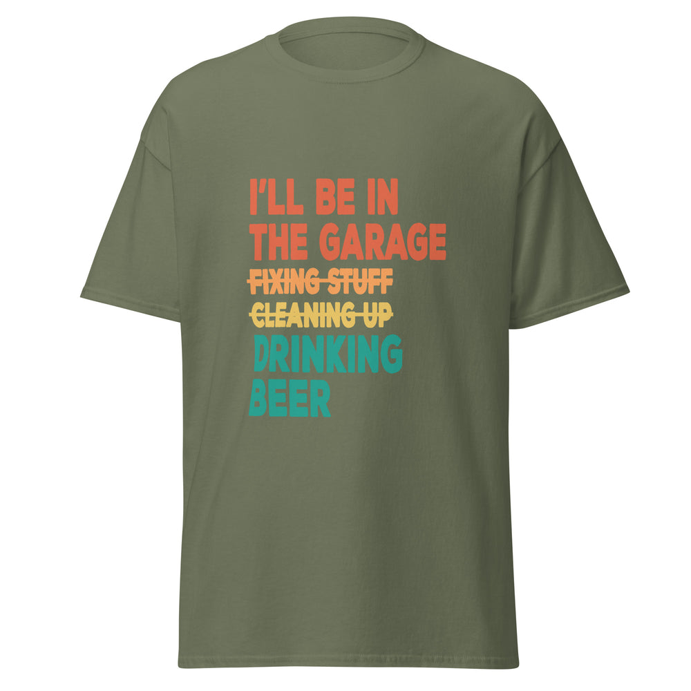 Green t-shirt with colorful text on a white background