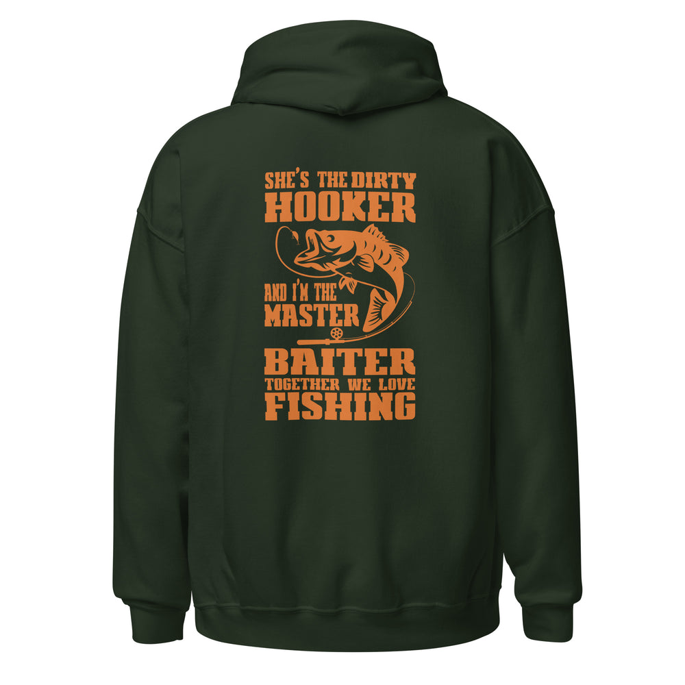 
                  
                    Dark green hoodie with orange text and fish graphic on the back, on a white background
                  
                