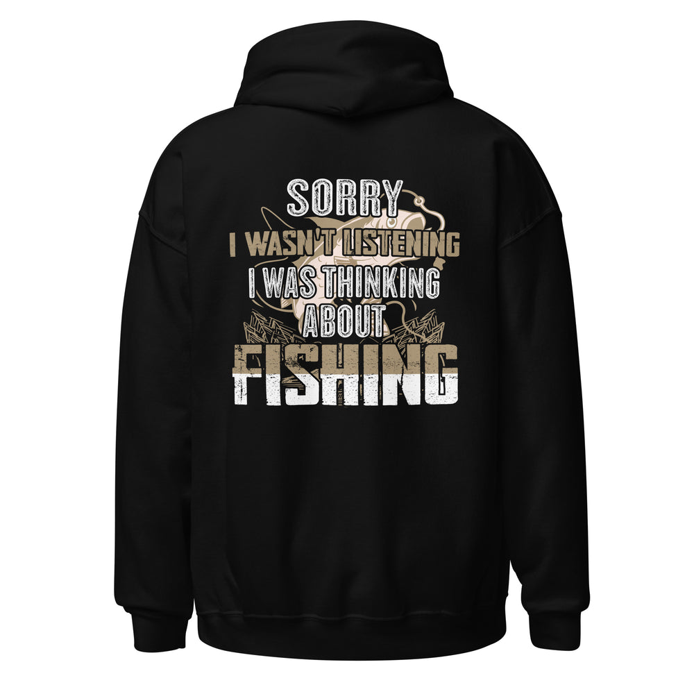 Black hoodie with fishing-themed text on the back against a white background