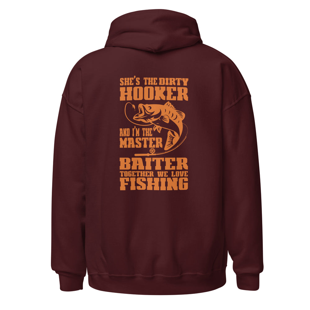 Maroon hoodie with fishing-themed text and graphic on the back, on a white background