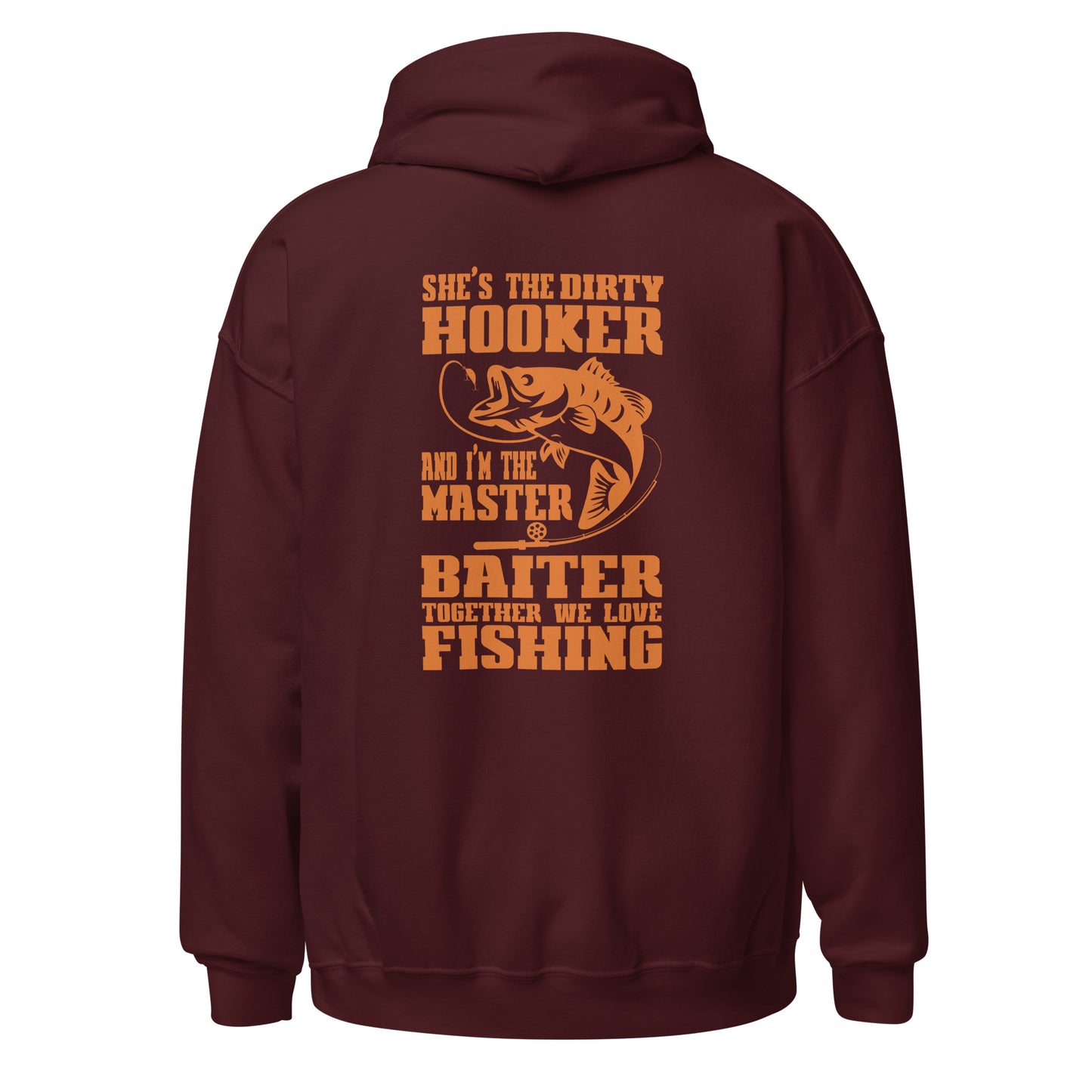 Maroon hoodie with fishing-themed text and graphic on the back, on a white background