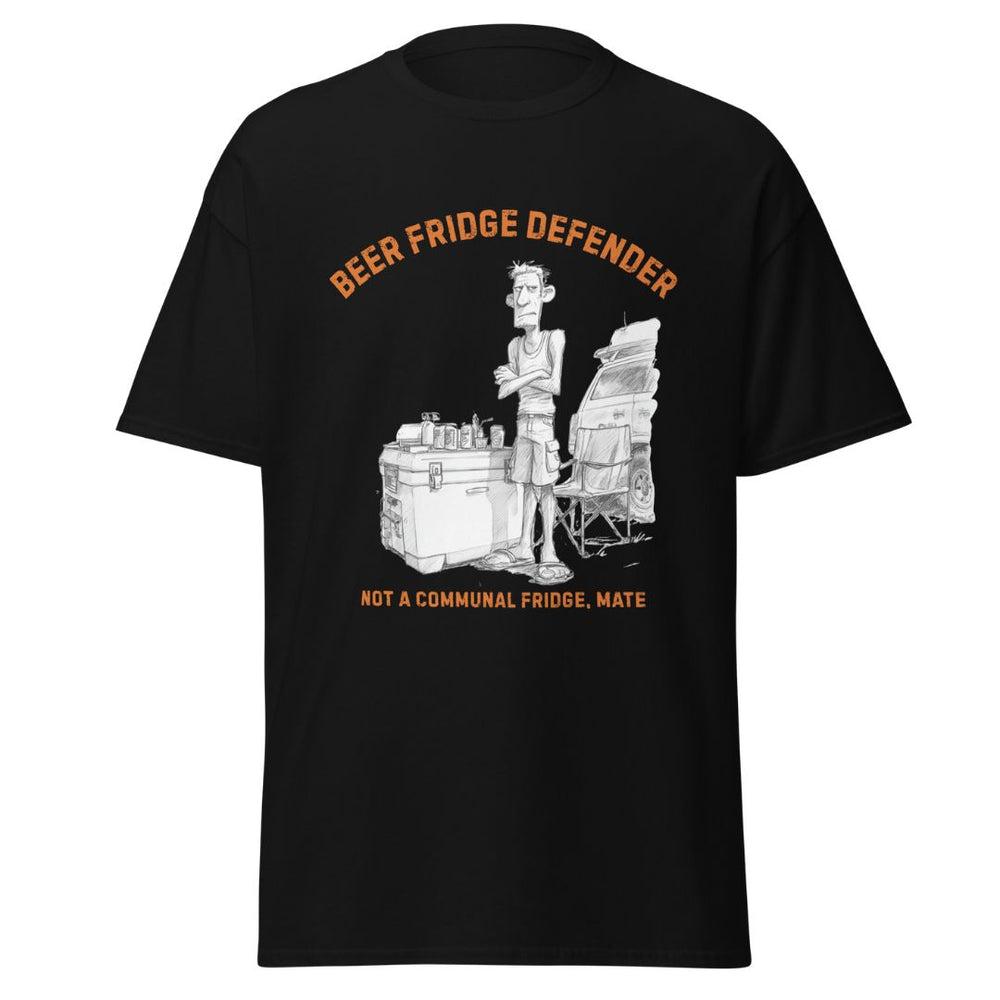 Black t-shirt with graphic design and text 'Beer Fridge Defender' on a white background