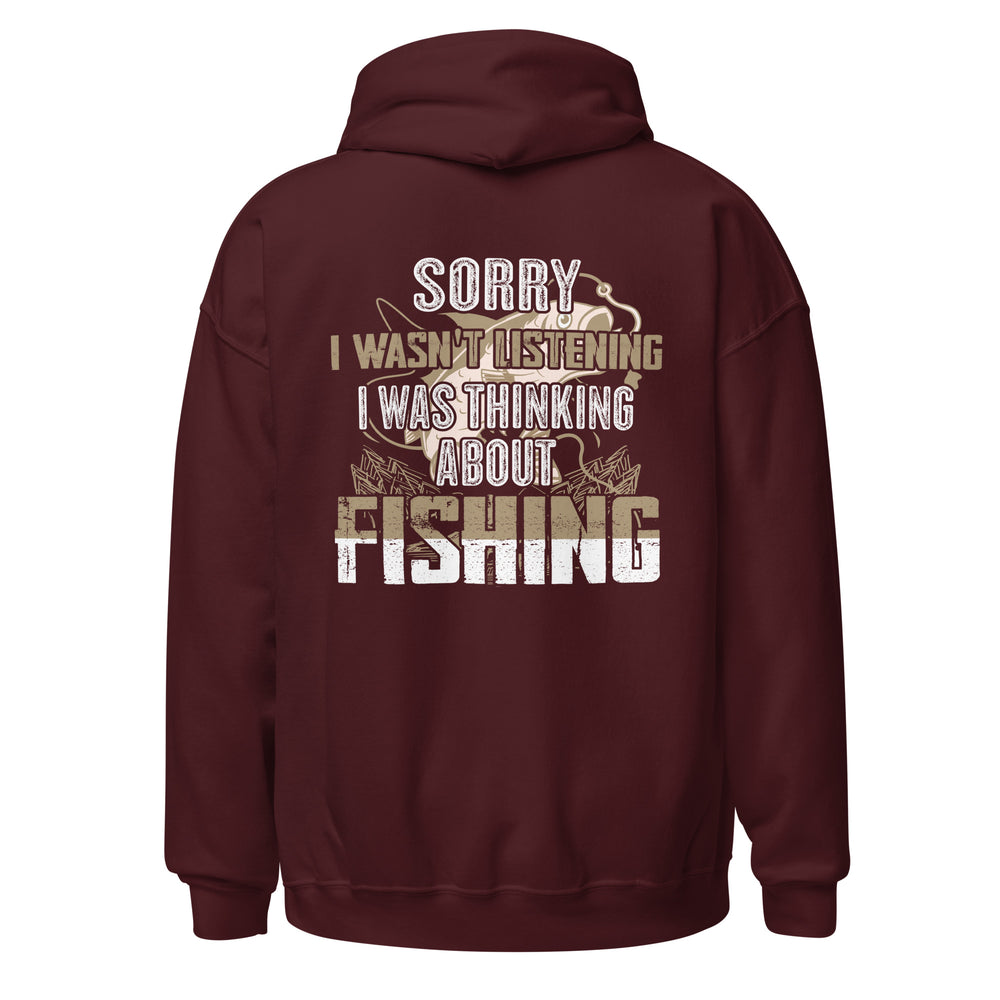 Maroon hoodie with fishing-themed text on the back against a white background