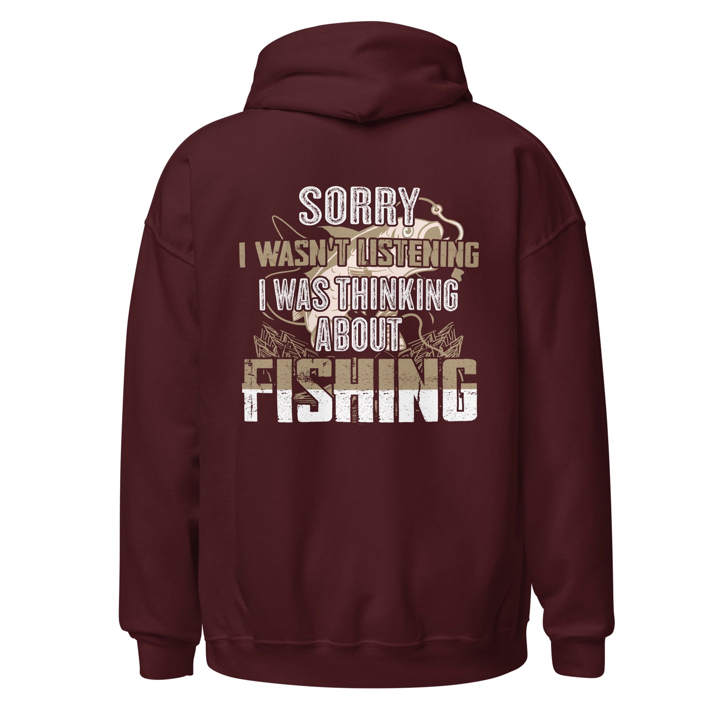 Maroon hoodie with fishing-themed text on the back against a white background
